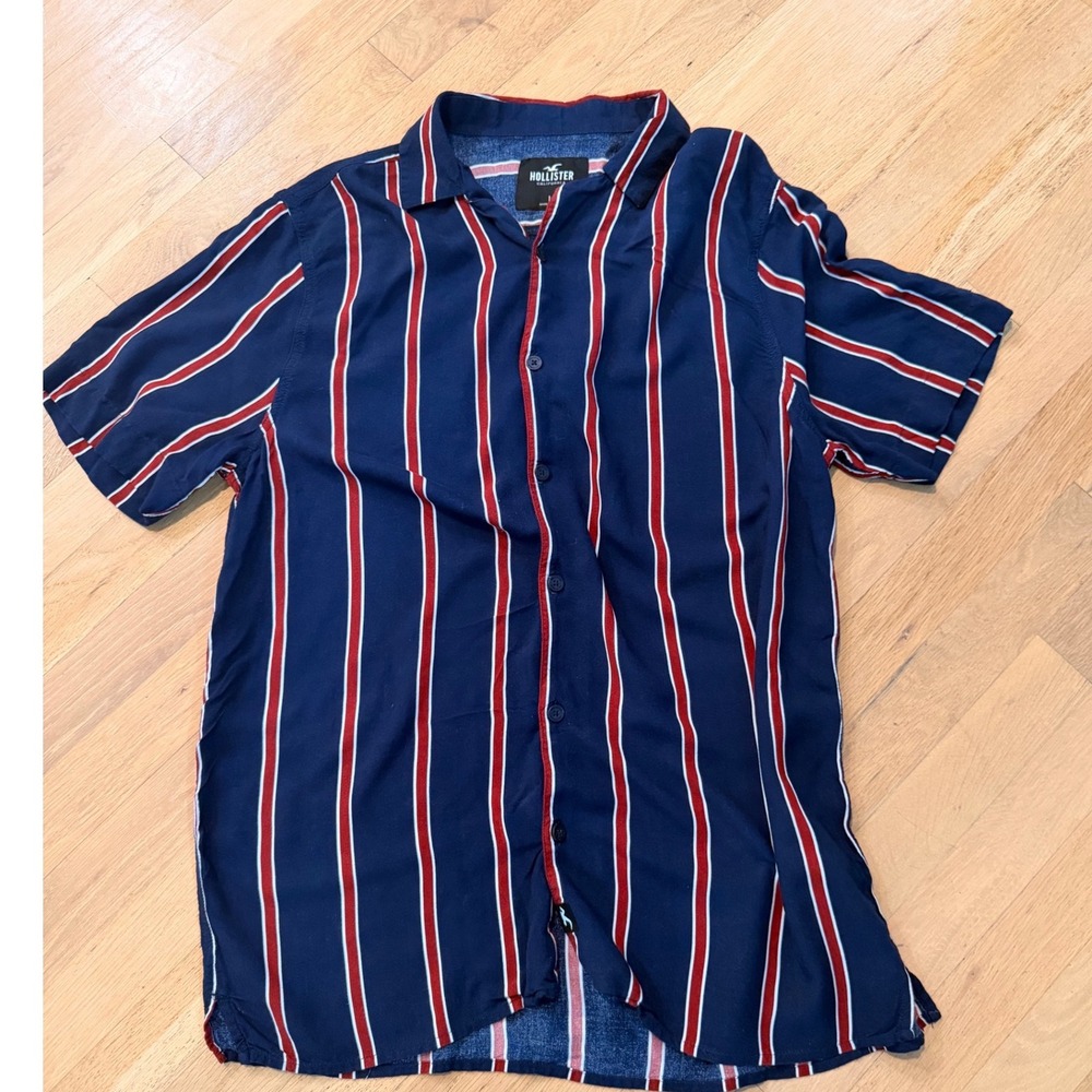 Hollister Mens Navy Red White Vertical Stripe Short Sleeve Button Down L y2k